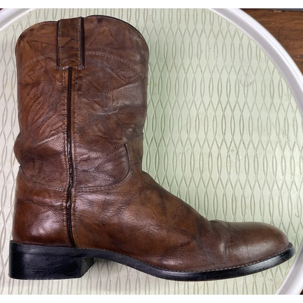 Justin Leather Youth Boy Brown Cowboy Distressed Rodeo‎ Riding Boots Sz.4D